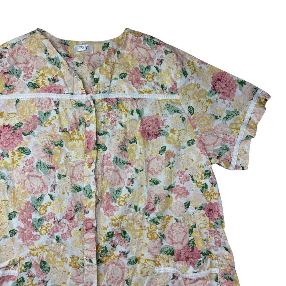 Yozly Dress Women's 2XL House Pastel Floral Short Sleeve Snap Front Pockets Top - Picture 6 of 11